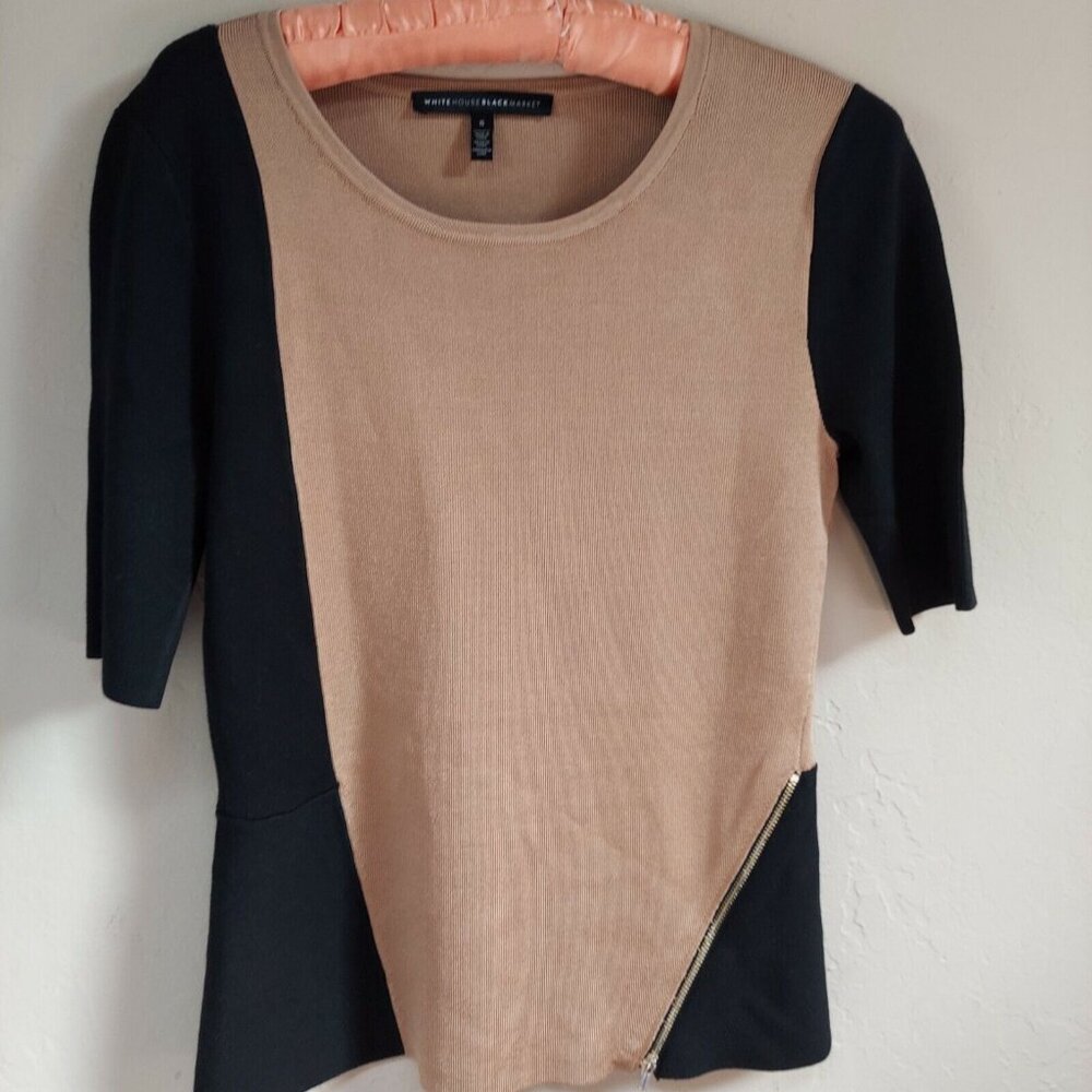 White House Black Market Womens Tan Black Colorblock Knit Top Small Short Sleeve